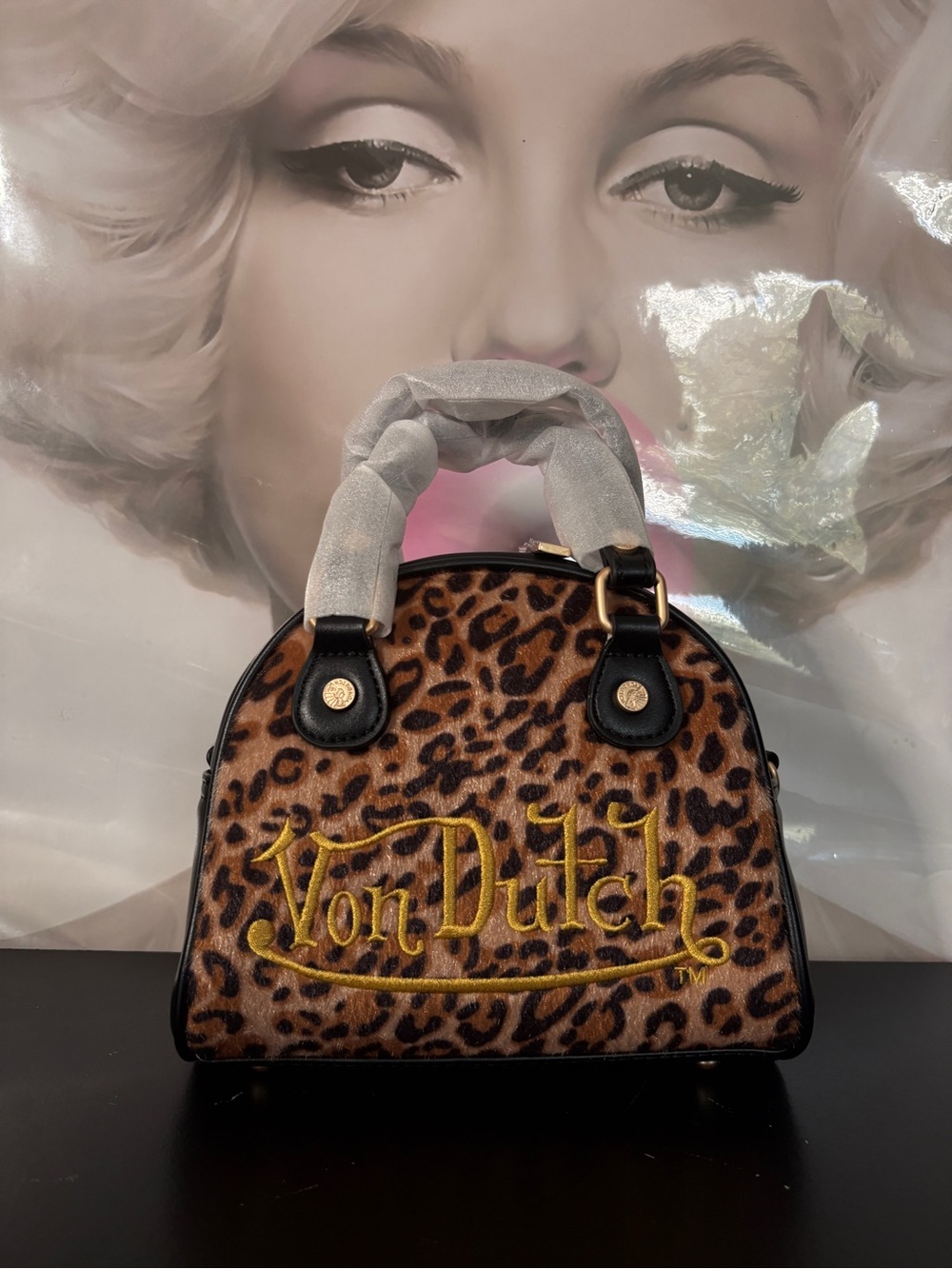 Von Dutch Leopard Print Satchel in Brown and Black with Gold Logo